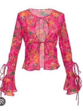 Rumored Floral Tie-Neck Sheer Blouse - Hot Pink